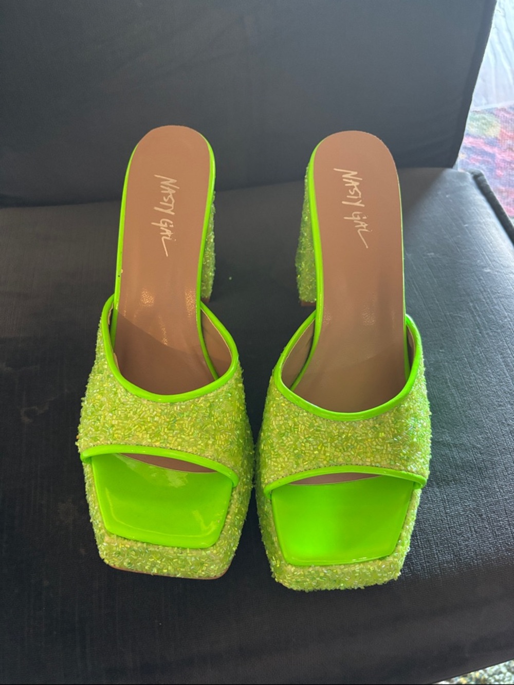 Nasty Gal Lime Neon Beaded Slide Mules